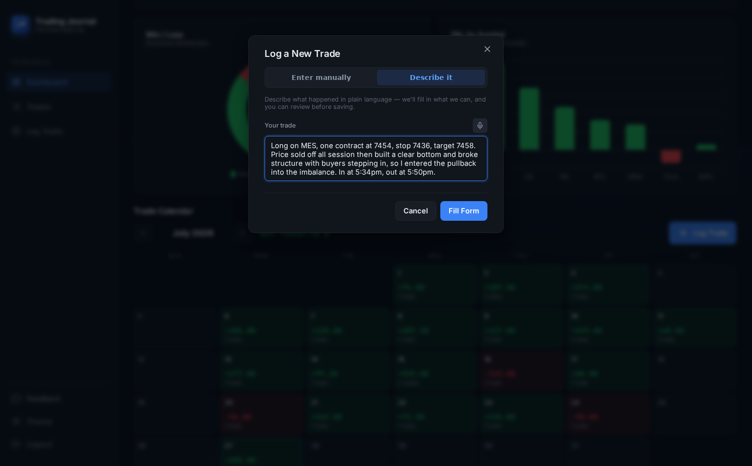 Describe-it mode: a trade written in plain English, with a microphone button to dictate it instead
